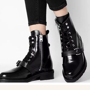 All Saints Donita Black Leather Buckle Combat Boot